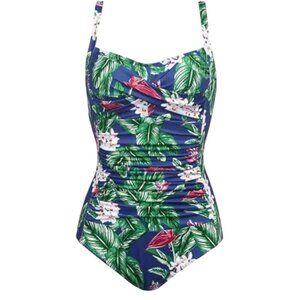 One-Piece Tropical Print Swimsuit With Ruched Detailing Adjustable Straps Size M